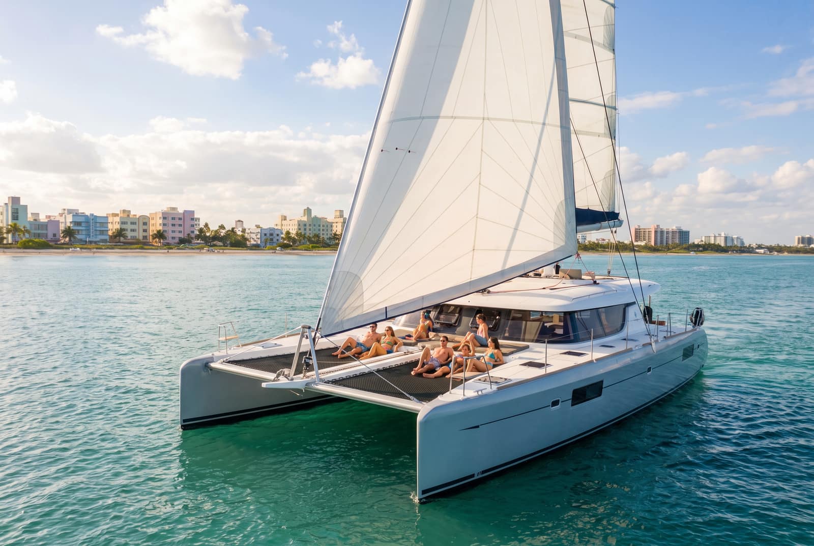 Party catamaran rental in Miami with large group on the open deck