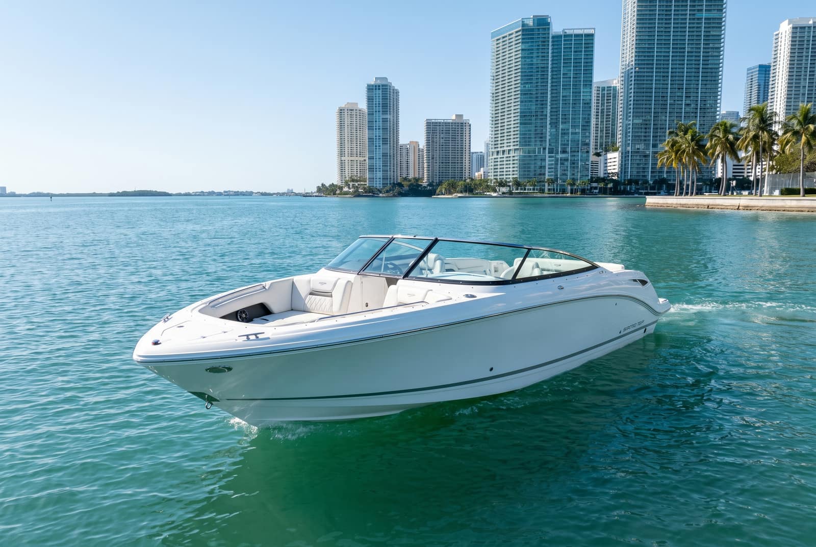 Sport boat rental Miami cruising past Miami Beach