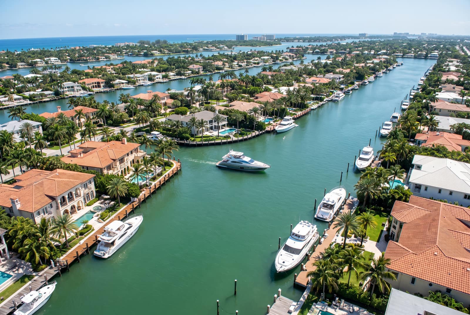 Waterfront mansions along a Fort Lauderdale canal seen from a rental boat