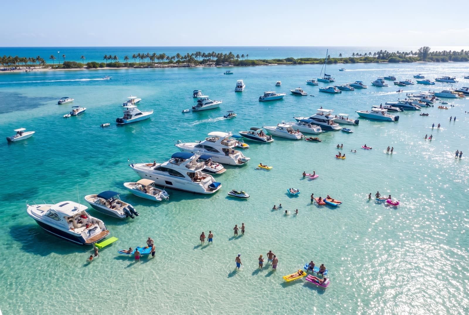 Charter boats rafted up at Haulover Sandbar in Biscayne Bay, Miami